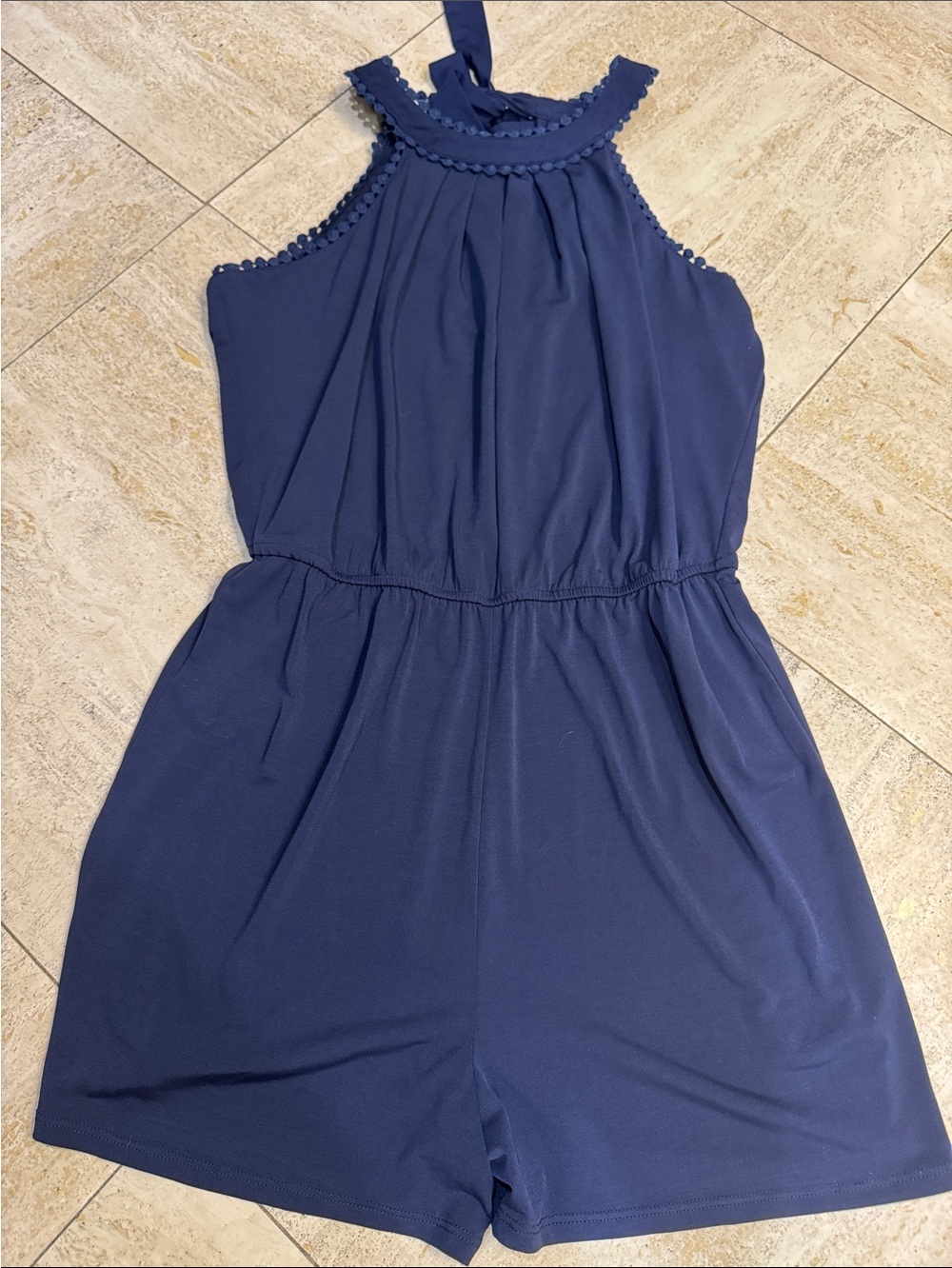 Navy Halter Romper - Sleeveless Casual One Piece